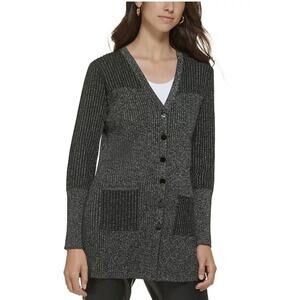 Karl Lagerfeld Paris Women's Ribbed Lurex V-Neck Longline Cardigan - Size Small